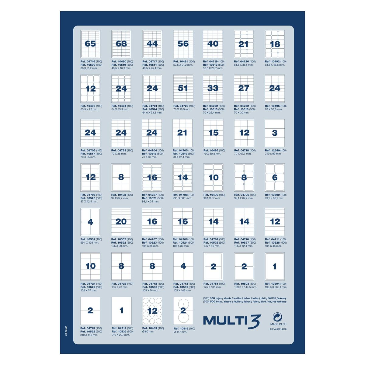 Printer Labels MULTI 3 White Upright 500 Sheets 105 x 37 mm