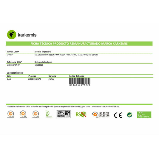 Original Toner Karkemis MX-36GTCA CY 15.000 Cyan