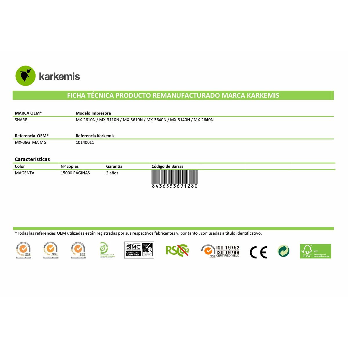 Original Toner Karkemis MX-36GTMA Magenta